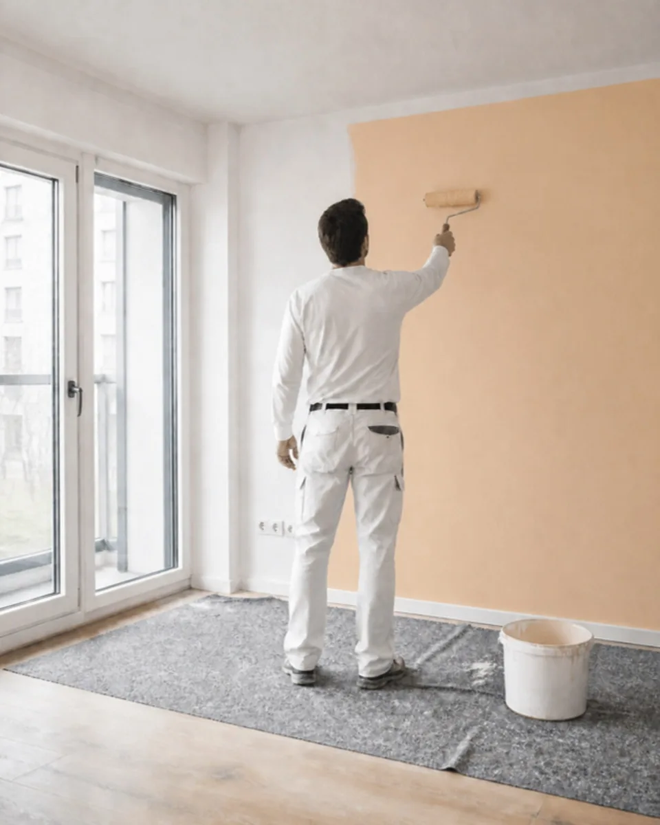 Thore Engelbrecht bei der Arbeit, Wand in Apricot