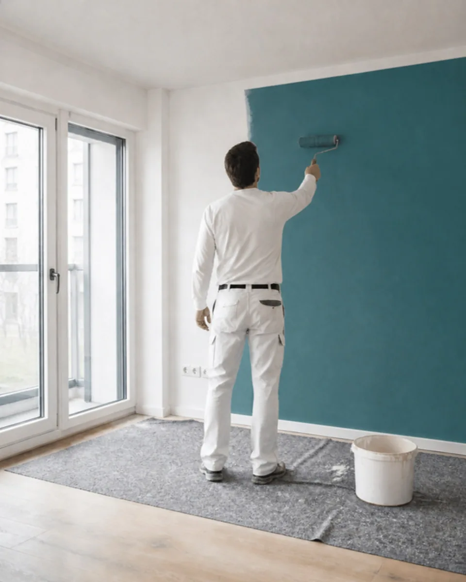 Thore Engelbrecht bei der Arbeit, Wand in Petrol