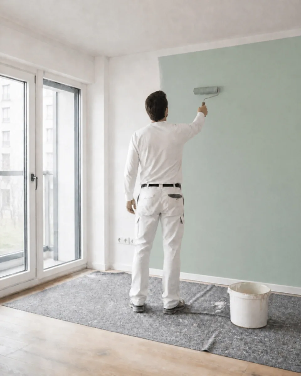 Thore Engelbrecht bei der Arbeit, Wand in Salbei